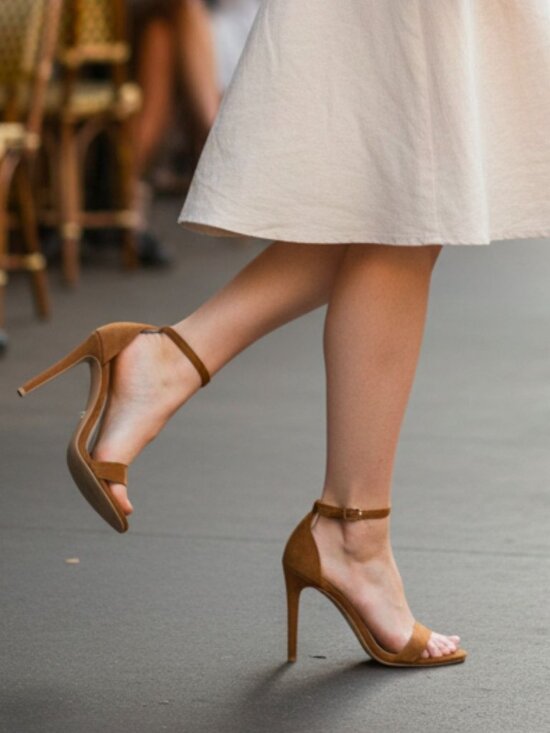 Shoes - Tan Faux Suede Ankle Strap High Heel Sandals For Women